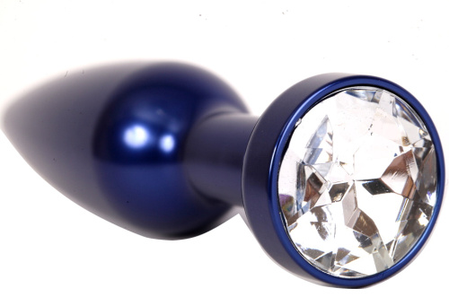 Синяя металлическая анальная пробка с прозрачным стразом, размер S фото 2