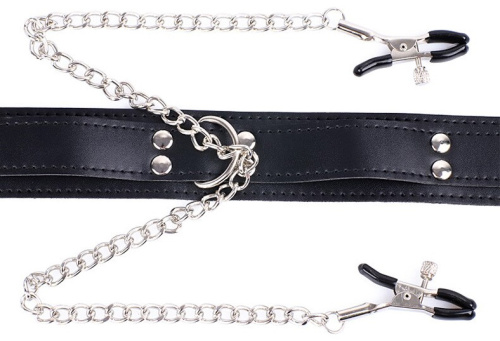 Черный ошейник с зажимами для сосков фото 3