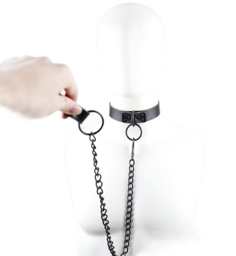 Черный БДСМ ошейник из натуральной кожи с черным поводком фото 3