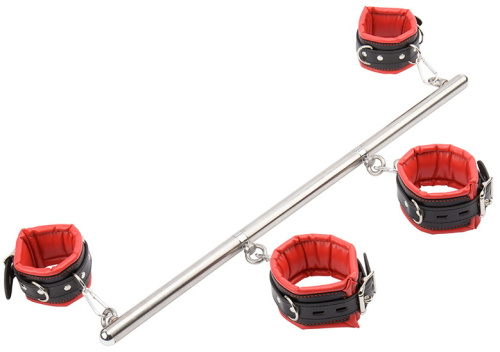 Бондажная распорка с наручниками и поножами черно-красного цвета фото 3