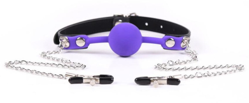 Силиконовый пурпурный кляп с зажимами для сосков фото 2