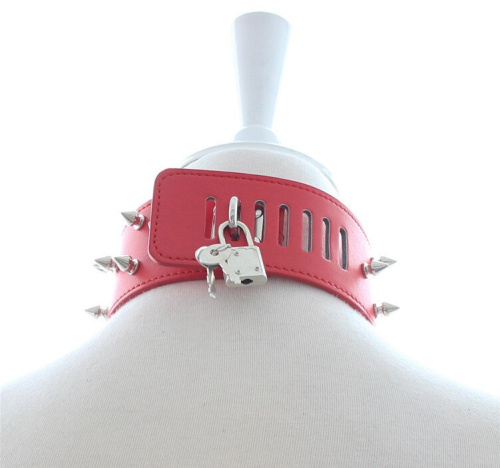 Широкий красный ошейник с шипами и поводком фото 4