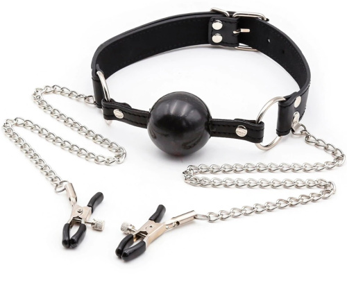 Черный кляп из силикона с зажимами для сосков фото 2