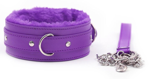 Фиолетовый ошейник с мехом и металлическим поводком фото 3