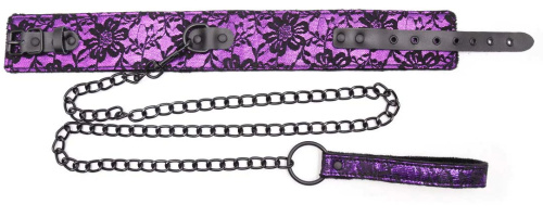 Черно-фиолетовый ошейник декорированный кружевом с поводком фото 4