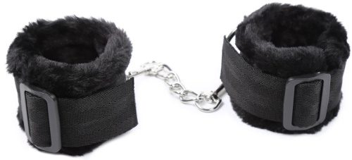 Текстильные черные наручники с мехом фото 2