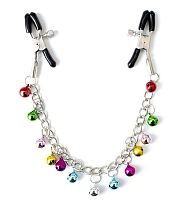 Зажимы для сосков на крупной цепочке с разноцветными бубенчиками