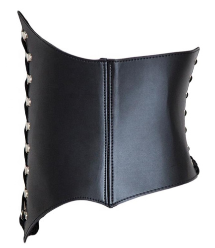 Черный корсет из натуральной кожи на шнуровке с открытой грудью фото 3