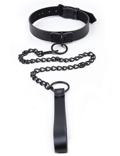 Черный БДСМ ошейник из натуральной кожи с черным поводком
