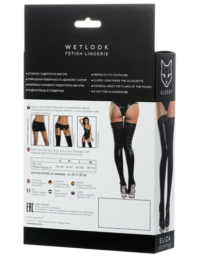Черные чулки Glossy из материала Wetlook с кружевной резинкой размер L фото 4