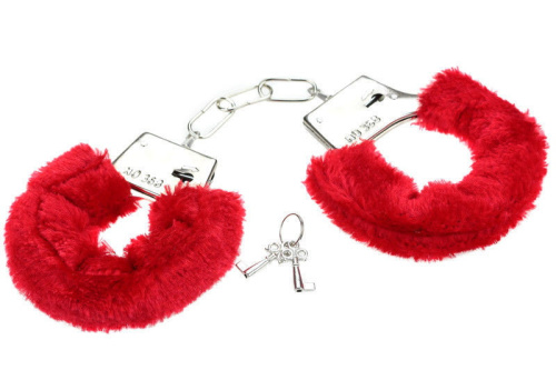 Металлические наручники с красным мехом фото 2