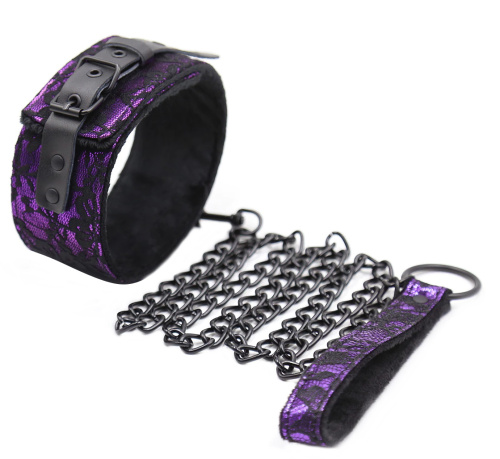 Черно-фиолетовый ошейник декорированный кружевом с поводком фото 2