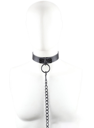 Черный БДСМ ошейник из натуральной кожи с черным поводком фото 4