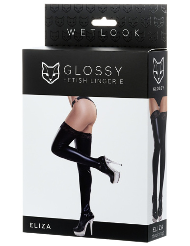 Черные чулки Glossy из материала Wetlook с кружевной резинкой размер L фото 3