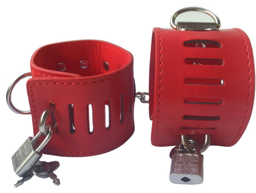 Бондажные наручники красного цвета с замочками фото 3