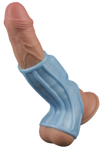 Рельефная насадка на пенис с вибрацией Ridge Knights голубая