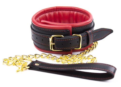 Черно-красный ошейник с поводком на золотой цепи фото 2