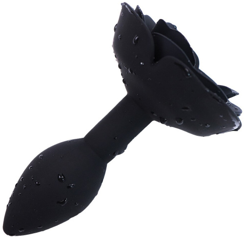 Черная силиконовая анальная пробка с розой S фото 3