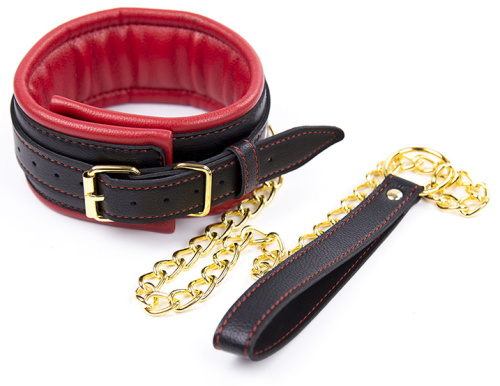 Черно-красный ошейник с поводком на золотой цепи фото 3