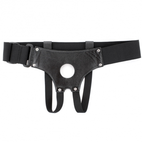 Черные кожаные трусики джоки для страпона на увеличенном ремне XL фото 3