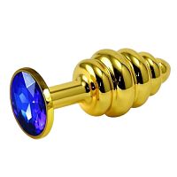 Анальная пробка Gold Small Plug рифленая синий страз