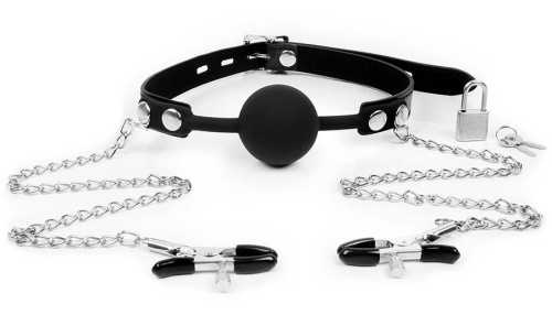 Черный силиконовый кляп с зажимами для сосков и замочком фото 2