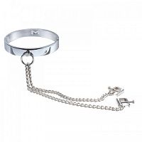 Широкий стальной ошейник женский с зажимами для сосков