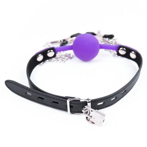 Силиконовый пурпурный кляп с зажимами для сосков и замочком фото 3