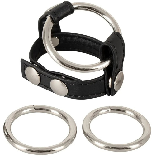 Кожаный хомут на пенис со сменными металлическими кольцами Bad Kitty фото 2