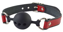 Силиконовый кляп-шар на красно-черном ремне из натуральной кожи Sitabella