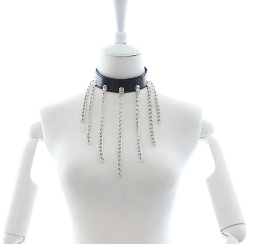 Черный БДСМ ошейник с длинными цепями фото 3