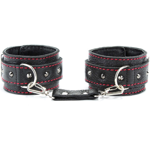 Кожаные наручники с металлическими шипами и контрастной строчкой фото 2