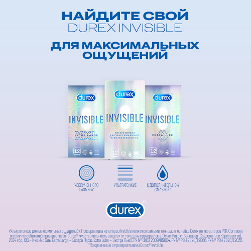 Презервативы Durex №12 Invisible Extra Lube ультратонкие c дополнительной смазкой фото 3