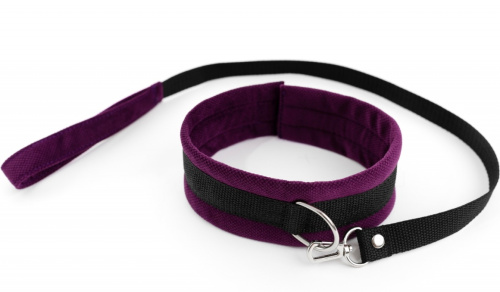 Широкий тканевый ошейник с поводком My rules фиолетово-черный фото 2