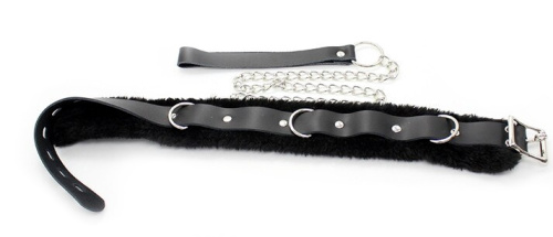Черный кожаный ошейник с мехом и поводком фото 4