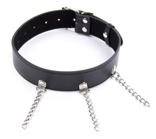 Черный БДСМ ошейник декорированный металлическими цепочками фото 2