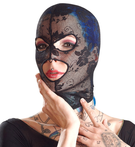 Кружевная черная маска с прорезями для глаз и рта фото 2