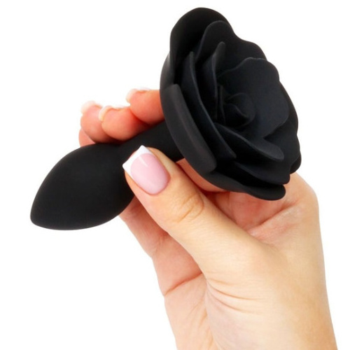 Черная силиконовая анальная пробка с розой S фото 2