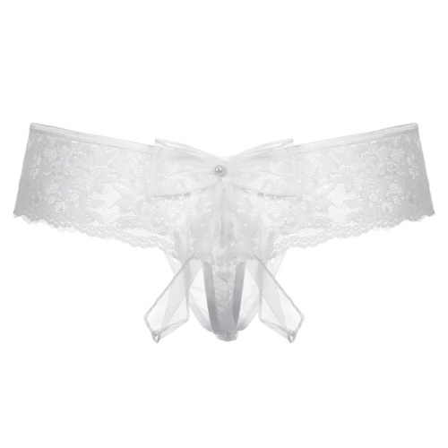 Кружевные белые стринги-шортики c бантиком S/M фото 3