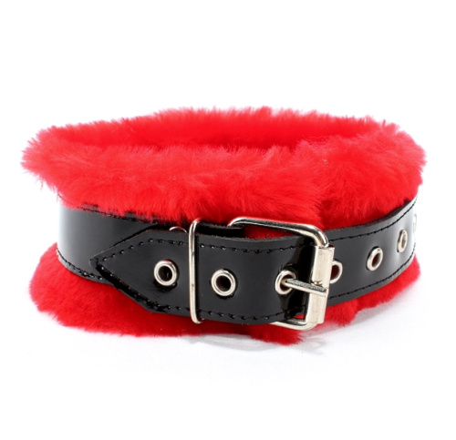 Ошейник из лакированной кожи с красным мехом и поводком фото 2