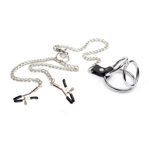 Зажимы на соски с тройным кольцом для пениса и мошонки Large фото 2