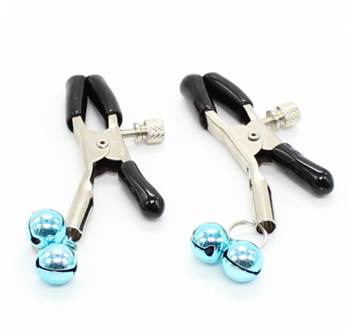 Зажимы для сосков с двойными голубыми бубенчиками фото 2