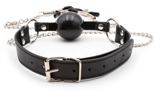 Черный кляп из силикона с зажимами для сосков фото 3