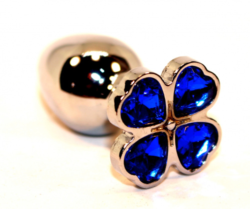 Серебряный анальный плаг с кристаллом в виде Клевера синий фото 2