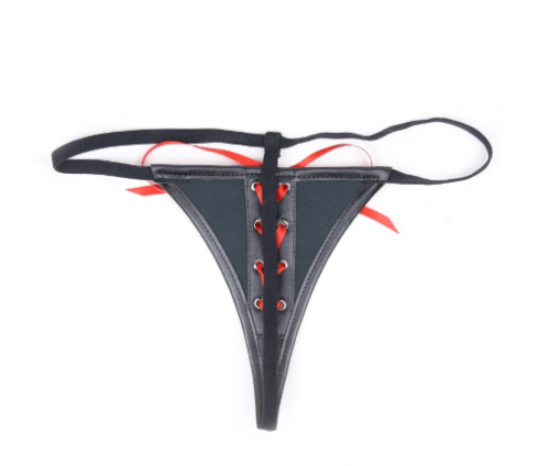 Черные виниловые стринги со шнуровкой фото 2