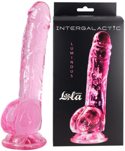 Прозрачный фаллос с мошонкой Intergalactic Luminous Pink 20 см