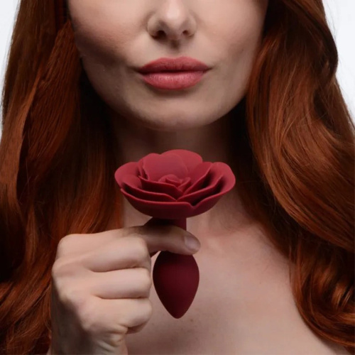 Красная силиконовая анальная пробка с розой S фото 6