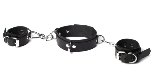 Кожаный набор ошейник с поводком и наручники черный фото 4