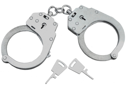 Настоящие милицейские наручники серебряного цвета с двумя ключами