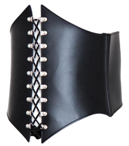 Черный корсет из натуральной кожи на шнуровке с открытой грудью фото 2